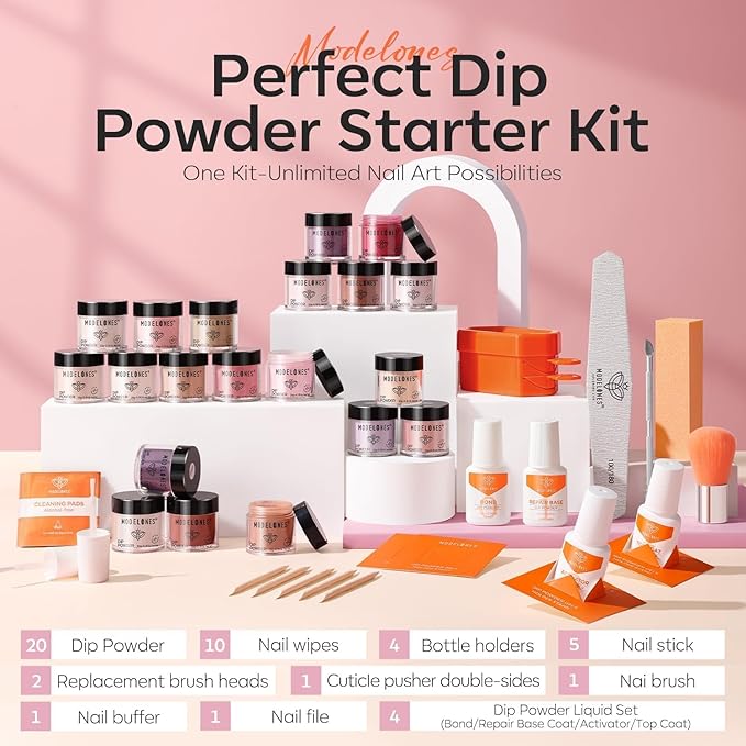 Modelones Dip Powder Nail Kit Starter, 20 Colors Pink Red Brown Spring Summer Dipping Powder Liquid Set Base&Top Activator for French Nail Art Salon DIY Kit