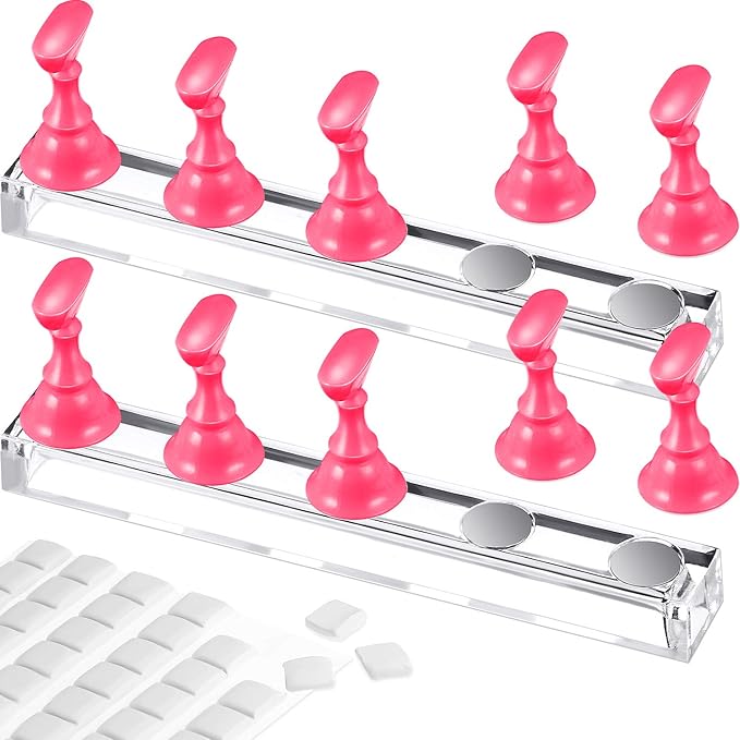 Blulu 2 Set Nail Stand for Painting Press Nail Holder Acrylic Magnetic Tips Training Fingernail Display Stands DIY Crystal Holders and 96 Pieces White Reusable Adhesive Putty(Pink)