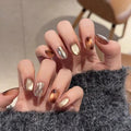 Fall Winter Press on Nails Short Square Fake Nails Cat Eye Nails Press ons with Amber,Silver Design Full Cover Stick on Nails for Small Nail Beds,Reusable | Glue Tabs | Easy Apply | 24Pcs
