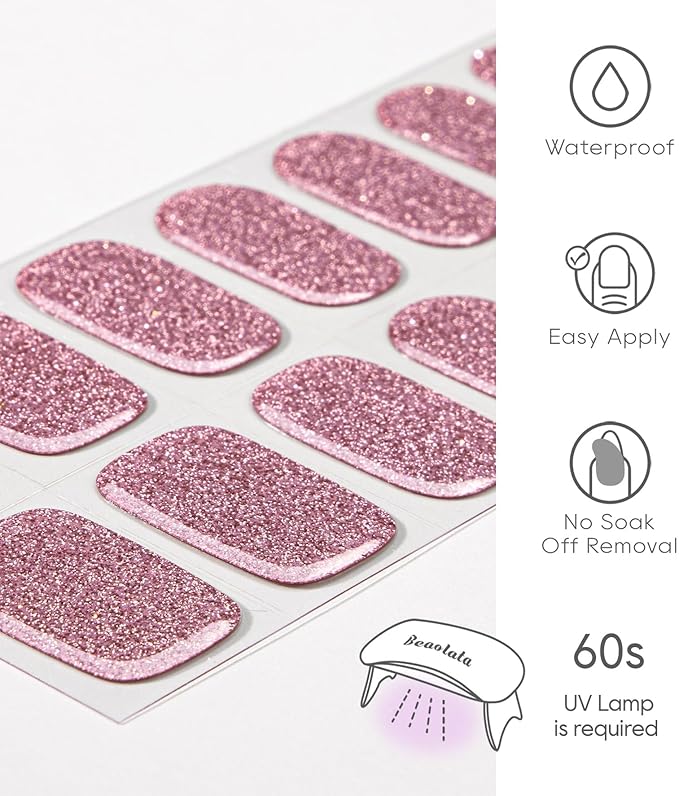 Semi Cured Gel Nail Strips - UV Light Gel Nail Stickers - 20 Long Lasting Salon Quality Wraps (Twilight Pink Glitter)