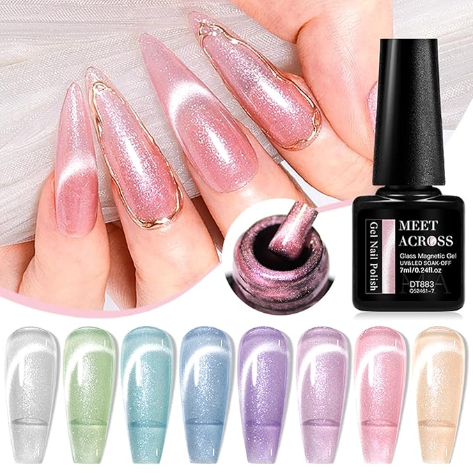 MEET ACROSS Magnetic Gel Nail Polish Set, Shimmer Glitter Cat Eye Gel, 8 Colors + 1 Magnetic Stick, Long Lasting, Salon Quality