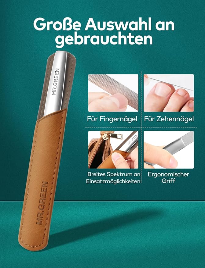 MR.GREEN Professional Double Sided Stainless Steel Nail File with Non-Slip Handle and Leather Case, Pointed Nail Buffering Files Washable