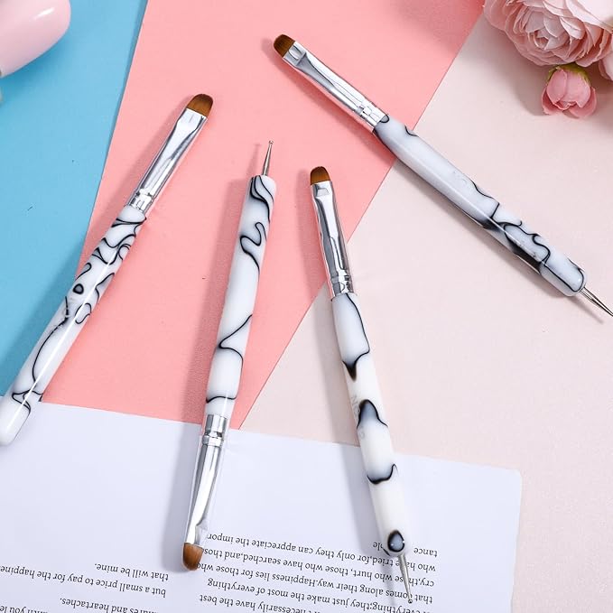 4pcs French Gel Nail Art Brush Acrylic Two Way Nail Art Brush with Dotting Professional Manicure Tool for Manicure Cuticle Clean up Detailed Designs Nails Dotting Pen (10#, 12#, 14#, 16#)