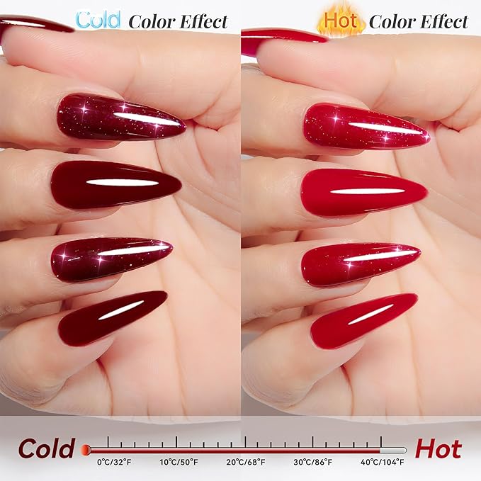 YTD Likomey Color Changing Gel Nail Polish 2 Pcs Set,15ml Red to Burgundy Red Pure Color and Brocade Glitter Kit,Thermal Ombre Change Colors Salon Manicure UV Nail Varnish,WB2-2