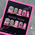 10Pcs Pink French Tip Press on Nails Handmade Short Fake Nails Duck False Nails with 3D Flower Rhinestone Design Full Cover Acrylic Nails Press ons Handmade Flower Glue on Nail for Women (M)