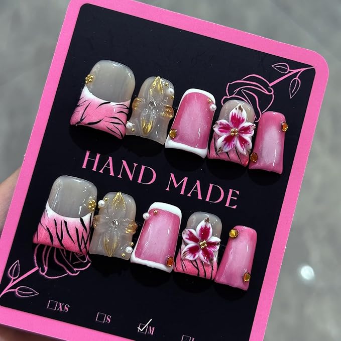 10Pcs Pink French Tip Press on Nails Handmade Short Fake Nails Duck False Nails with 3D Flower Rhinestone Design Full Cover Acrylic Nails Press ons Handmade Flower Glue on Nail for Women (M)