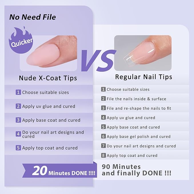 BTArtbox Short Almond Nail Tips - Soft Gel XCOATTIPS Natural Press On Nails, Pre-colored Gel Nails Full Cover Fake Nails Nude for for Daily Nail Art