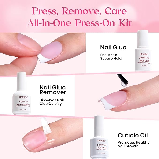 Beetles Press On Nails Kit - 300Pcs Short Square French Tip Press On Nails, 15Sizes Pink French Nail Tips with Nail Glue & Remover, Builder Top Coat Nail, Lamp,All-in-One DIY Spring Gift for Women
