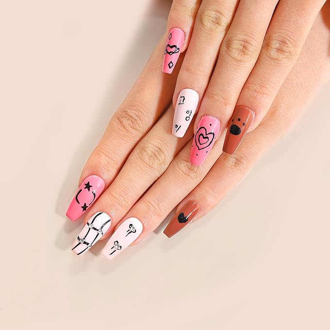 Sun&Beam Nails Handmade Press-on Long Coffin Nails Brown White Black Pink False Nail Tips Hand-drawn Cat Design Fashionable 10 Pcs Set (#158 S)