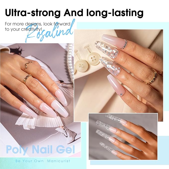 ROSALIND Pink Poly Nail Gel Kit -12 Colors + Nail Art Accessories Kit Nude Shades Poly Nails Gel Starter Kit with Slip Solution All Seasons Classic Colors Nails Extensions Set with Mini UV Lamp