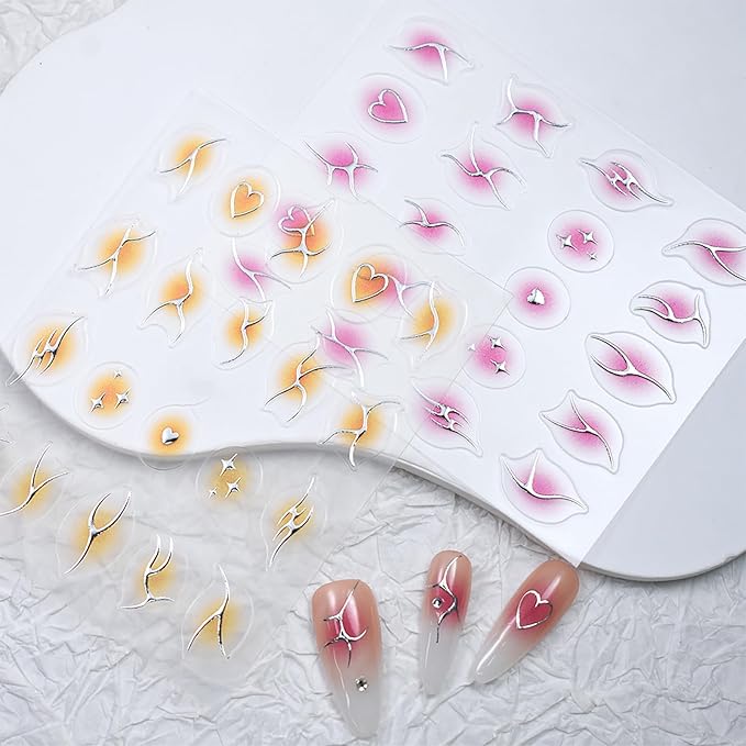 10 Sheets Silver Flame Nail Art Stickers, 3D Gradient Blusher Self-Adhesive Decals, Silver Line Heart Star Y2K Stickers for DIY Art Decoration - 10 Colors