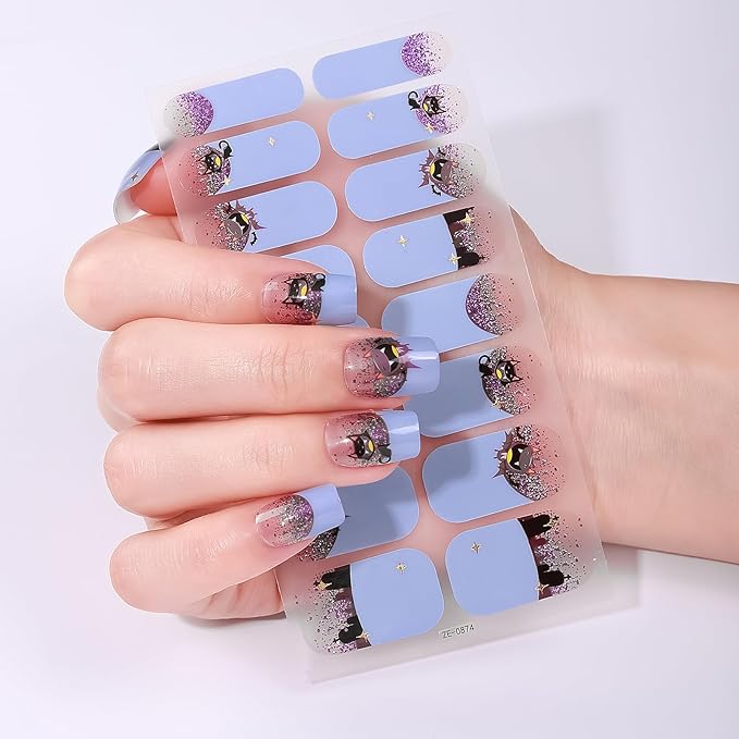 6 Sheets Halloween Nail Wraps Full Stickers Nail Polish Strips, DIY Self-Adhesive Nail Art Glow in The Darkness Decals Pumpkin Bat Ghost Spider with 1 Piece Nail Files for Party Decor (96 Pieces)