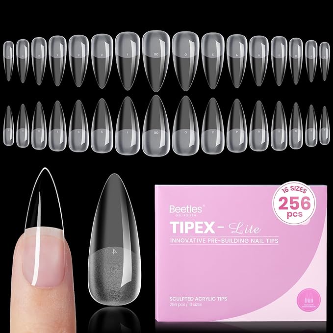 Beetles Tipex Lite Pre-Built Apex Gel Nail Tips, Stiletto Medium, 256pcs Value Pack, 16 Sizes, Flat-Nail Friendly Acrylic Tips for Natural Nail Beds, Easy for Beginner DIY