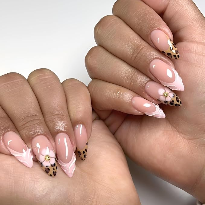 French Tip Press on Nails Almond Fake Nails Leopard Print False Nails Flower Nails Press Ons with Rhinestones Design Nude Glue on Nail Glossy Stick on Nail for Women Decoration Set 24Pcs