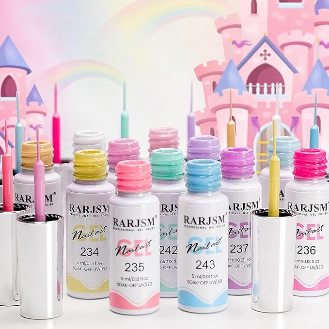 RARJSM Gel Liner Nail Art 12 Colors Set Pink Purple White Green Yellow Blue Gelpolish Art Liners for Nails 5ml Summer Shades Striping Gel Nail Polish Thin Swirl Brush Soak off Curing Need