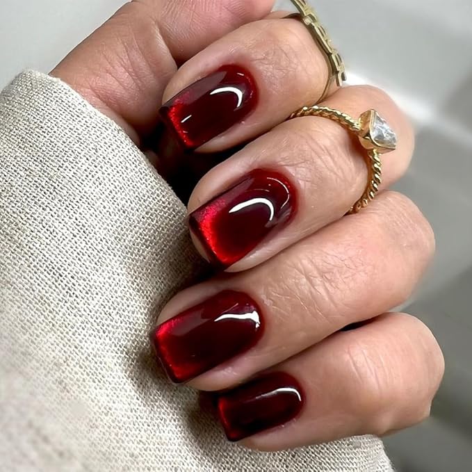 Wine Red Press on Nails Short Square Fake Nails Cat Eye Acrylic Nails Glossy Shiny False Nail Press ons Jelly Gel Design Red Full Cover Glue on Nail for Women Girls Manicure Nail Decoration