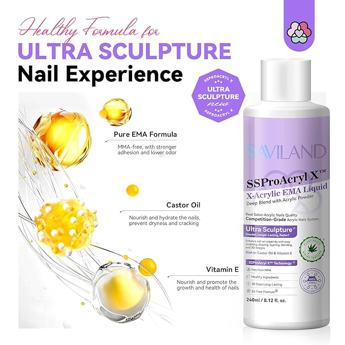 SAVILAND EMA Monomer Acrylic Nail Liquid: 8 oz Liquid Monomer for Acrylic Powder Nail Extension with 3pcs Acrylic Nail Brush Dappen Dish for Professional Nail Carving Studio Beginners DIY at Home