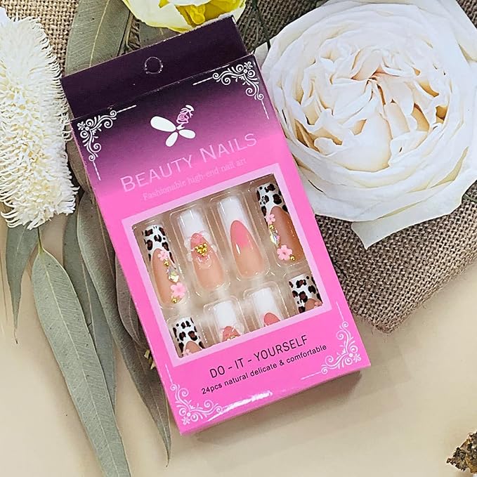 Press on Nails Coffin Long Length Acrylic Glossy Full Cover Square Shaped French False Nails with Designs Artificial Extra Long Fake Nails with Charms Glue ons Fingernails for Women(AS22)