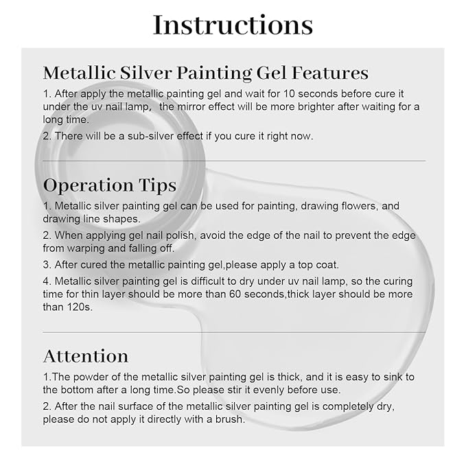 RARJSM Metallic Painting Gel Nail Polish Silver Chrome 3D Metal Painted Drawing Gel Polish 8ml Liquid Mirror Effect Glossy Shine Soak Off Curing Need Home Salon DIY Nail Art Liner Design Manicure