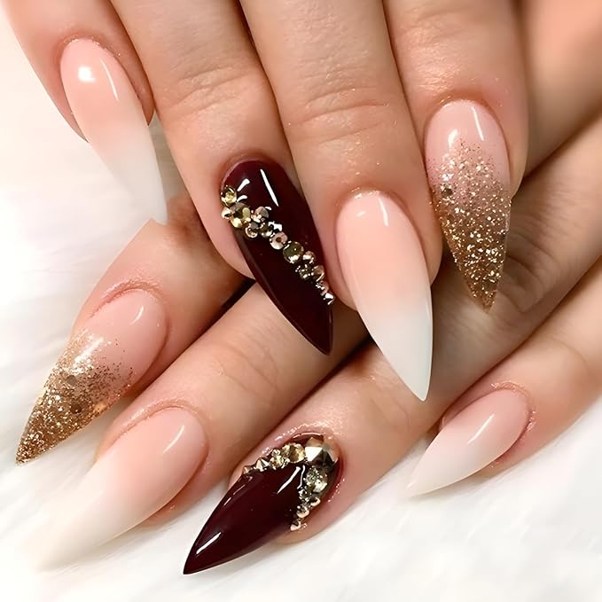 24Pcs Long Stiletto Fake Nails Gold Glitter Press on Nails Gradient False Nails with Rhinestones Design Glossy Full Cover Nails Press Ons Acrylic Glue on Nail for Women Decoration Set