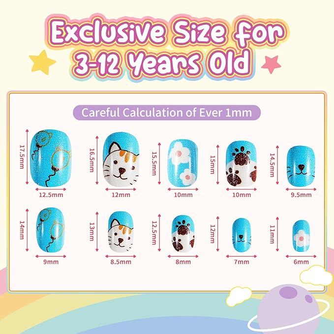 Modelones Press on Nails for Kids 144Pcs 6 Pack Children Acrylic Fake Nails Pre-glue Full Cover Glitter Gradient Color Heart Cat Short False Nail Art Kits Sets Christmas Gifts for Kids Girls