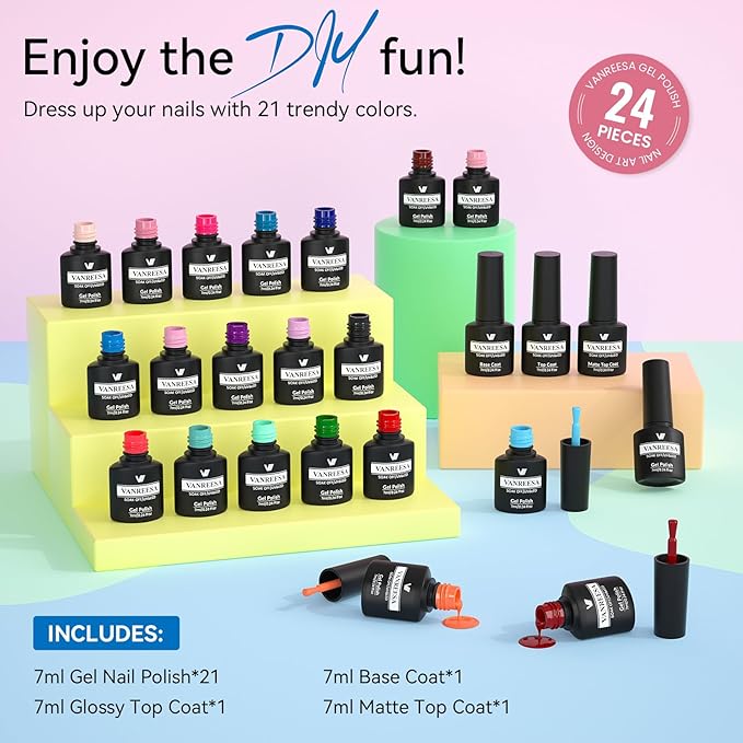 VANREESA 24 Pcs Gel Nail Polish Set, 21 Colors Gel Polish with Base Coat Glossy & Matte Top Coat Nude Pink Red Orange Green Blue Purple Gel Polish Kit Nail Kit Gifts for Women