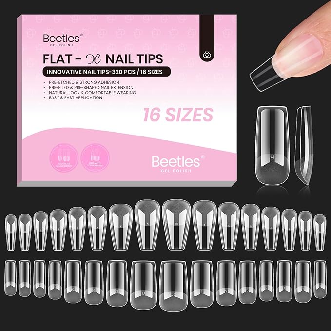 Beetles Gel Nail Tips Flat-X - Square Coffin Medium, 320pcs 16 Sizes, Pre-Etched Half Matte Full Cover Soft Acrylic Press on Easy DIY False Nail Extension Salon for Flat & Natural Nail Beds