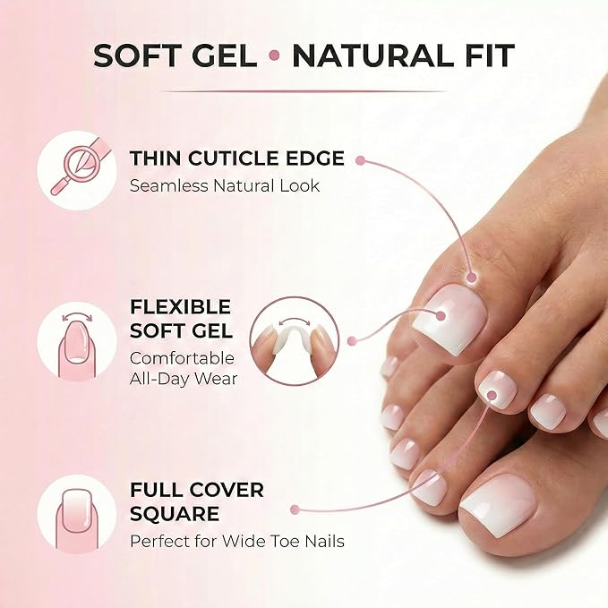 Sheer Blush French Tip Toe Nail Press Ons, 150PCS Square Full Cover Soft Gel Toe Nail Tips, 15 Sizes for Wide Toenail Beds, Pre-Shaped for DIY French Pedicure & Salon
