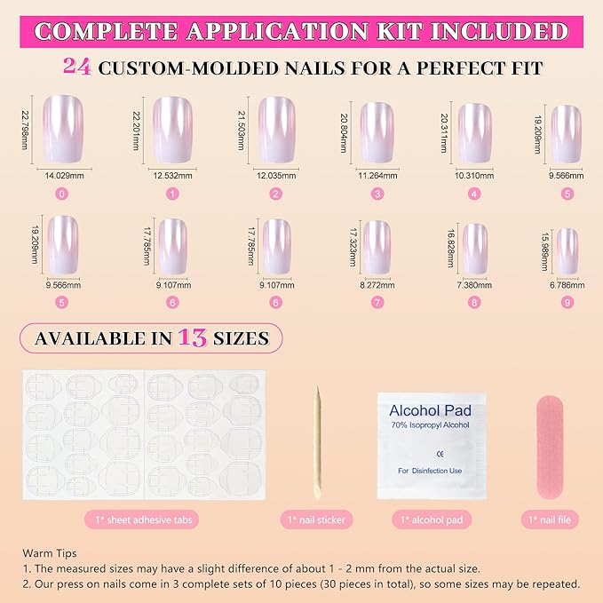EchiQ Pearl Shine Glossy Fake Nails Shimmer White Square French Nail Ombre Faux Ongles Gradient Medium Fingernails with Gluetabs