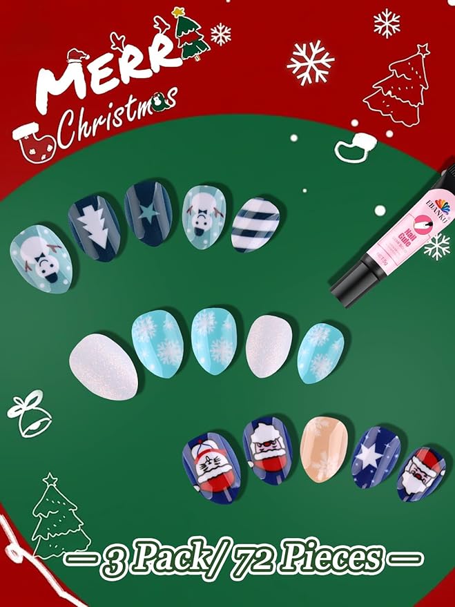 72PCS Christmas Kid Press on Nails, EBANKU 3 Pack Children Fake Nail Kit Snowman Snowflake Press on Nails for Girls 8-12 Years with Jelly Nail Adhesives & Nail Builder Glue