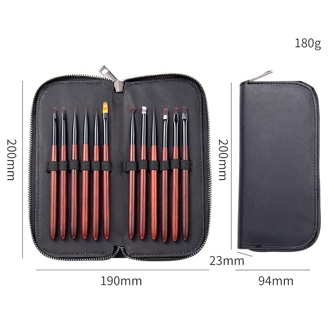 Nail Art Brushes Set, 12 Peices Professional High-end Sandalwood Nail Art Design Pen Painting Tools with Leather Pouch, Nail Art Liner Brush and Nail Dotting Pen for Gel Polish Manicure Salon DIY at Home (Red)