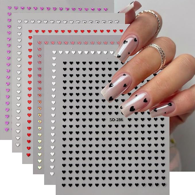 6PCS Mini Heart Nail Art Stickers 3D Self-Adhesive Sparkling Love Nail Art Decals Shinny Red Hearts Designs Nail Sticker for Valentine's Lovers Romantic Stickers DIY Manicure Decoration Accessories