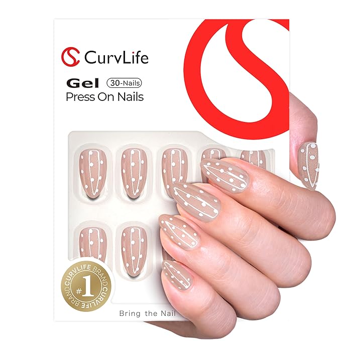 CurvLife Almond Press On Nails Medium – 30Pcs Soft Gel Almond Fake Nails, Dotted Milk Glow Reusable Glue On Nail Kit with Adhesive Tabs, Natural Fit & Salon-Quality for Women & Girls