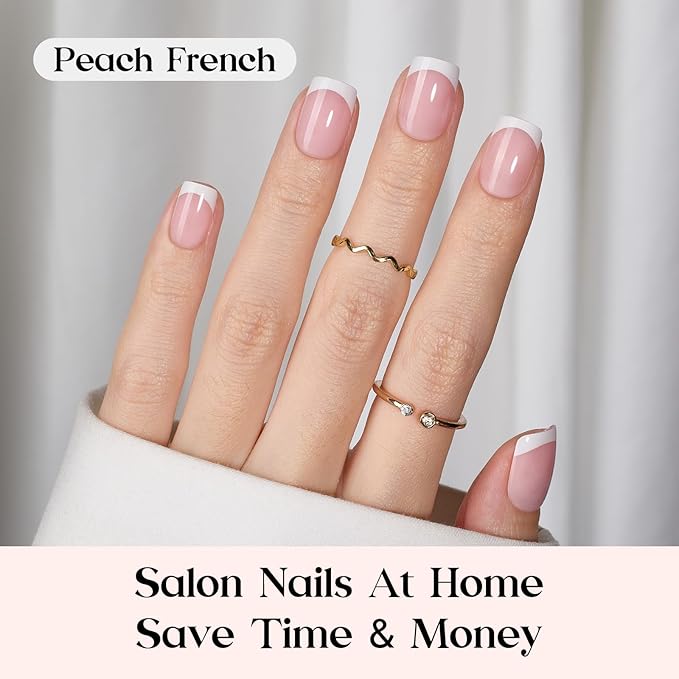 Beetles X Press Plus Gel Nails Kit - Peach French | Pink Extra Short Square French Tip Press On Nails | 210Pcs 15 Sizes All-in-One Kit With Nail Glue,Remover,Builder Top Coat,Nail Lamp Gift For Women