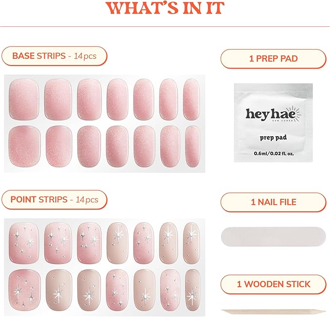 Heyhae Semi Cured Gel Nail Strips | No LED Lamp Needed | Glitter, Pink, Spring | Easy Apply & Remove, Salon Quality |Includes 28 Strips, 1 Prep Pads, Nail File & Wooden stick - Hey, Miss u to Infinity