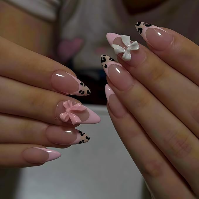 24pcs Leopard Print French Tip Pres on Nails Medium Almond Fake Nails 3D Resin Bow Charm Designs False Nails Pink French Full Cover Acrylic Stick on Nail Glossy Reusable Artificial Nail for Women