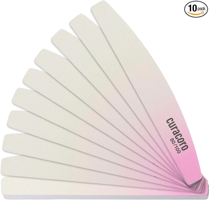 Curacoro 10 PCS Nail File - Professional Half-Moon Nail Files Double Sided Emery Board (80/100 Grit), Washable Nail Files and Buffers, Smooths & Shapes Nails, Manicure & Pedicure Buffing Tools