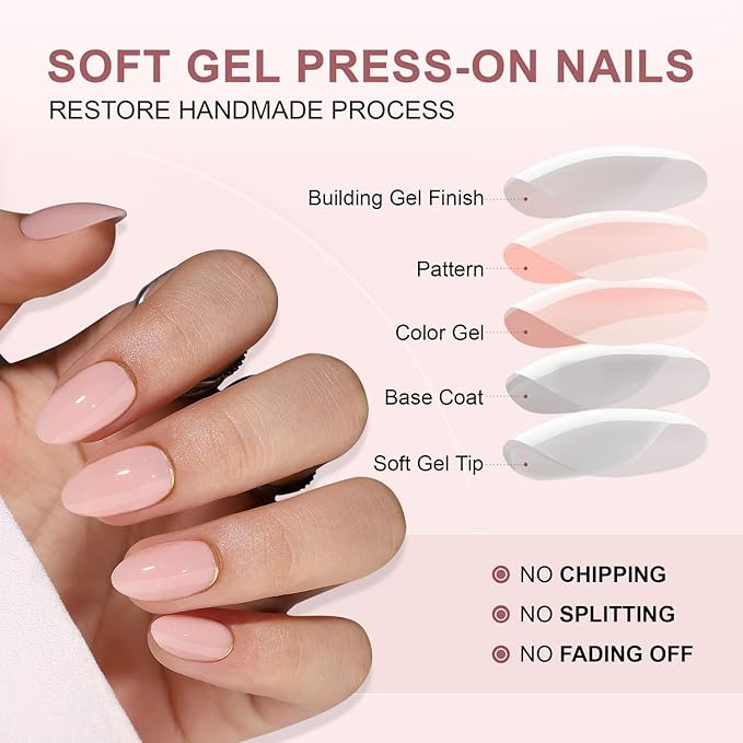 Pink Soft Gel Press on Nails Short Almond Shaped Glue on Nails Glossy Solid Color False Nails Golden Line French Thickened Fake Nails Full Cover Acrylic Nails for Women Nail Accessories 30 Pcs