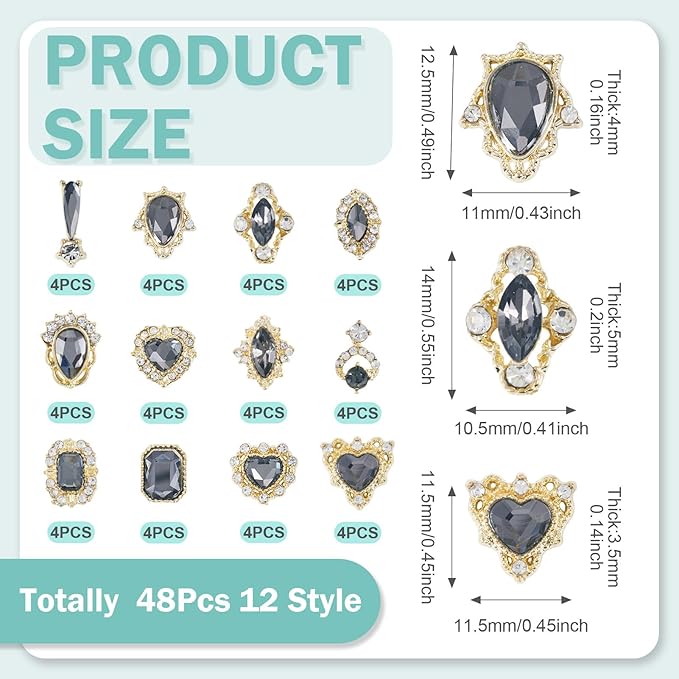 KISSITTY 48pcs Nail Art Rhinestones Flat Back Rhinestone Crystal Cabochons Gray Color Heart Teardrop Rectangle Shape Small Embellishments for Nail Art Craft Decoration Jewelry Making