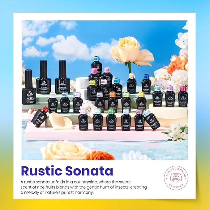 Beetles Pastel Gel Polish Set - Rustic Sonata 25 Easter Colors Yellow Orange Gel Polish with Base Coat Glossy & Matte Top Coat White Blue Pink DIY Salon Soak Off UV Led Nails Gifts for Women
