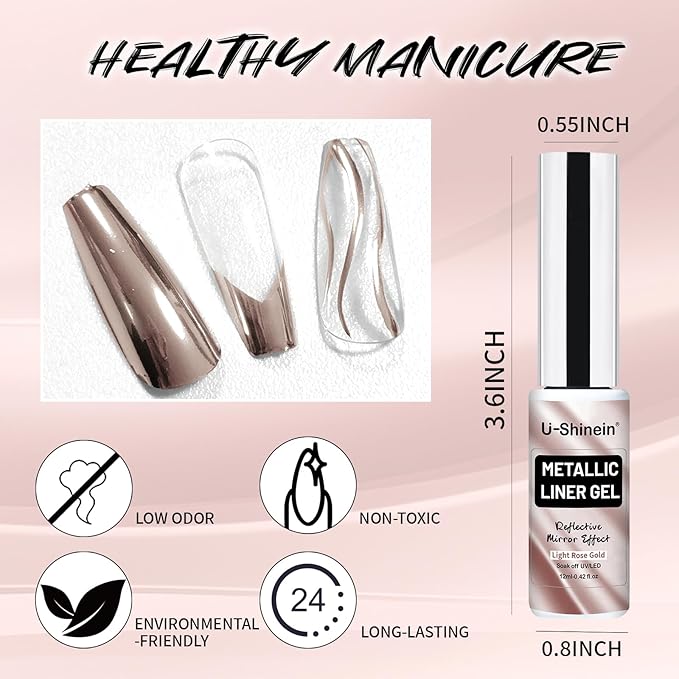 12ml Metallic Painting Gel Liner Nail Art 3D Mirror Chrome Effect Nail Polish Metal Painted Drawing Build in Thin Brush Soak Off UV/LED Light Rose Gold Gel for Nail Art DIY Manicure