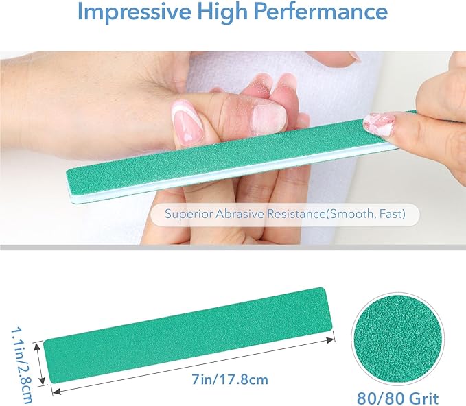 Nail File, 50 PCS Nail Files 7" Long 80/80 Grit for Acrylic Nails Gel Nails Dip Powder Nails Poly Gel Washable Reusable Double Sided Buffering