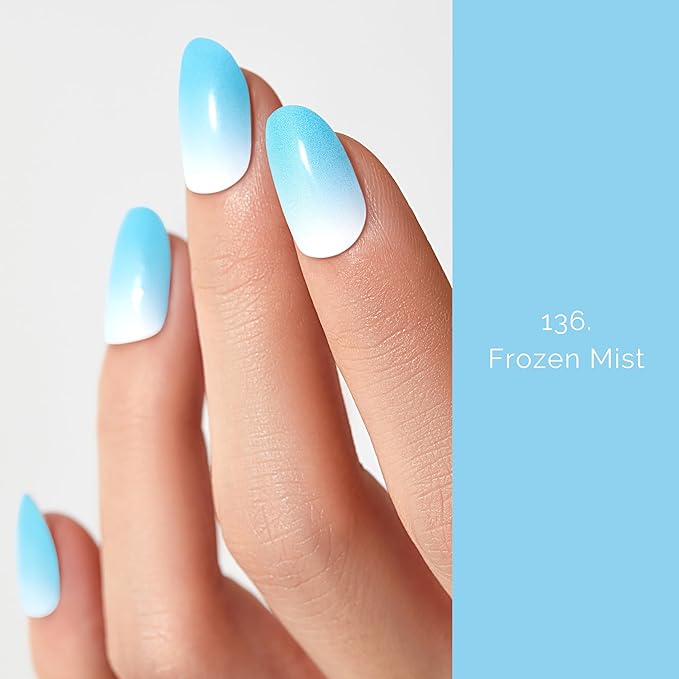 Semi Cured Gel Nail Strips - NAILOG 20 Pcs Gradient Blue Nail Stickers Extra Long Wraps with Glossy Gel Finishing for Summer, Frozen Mist