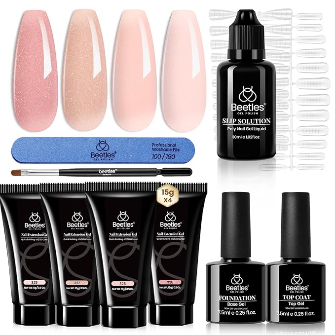 Beetles Nail Extension Gel, 4 Colors Poly Nail Gel Kit with Base & Top Coat, Slip Solution & Brush, All-in-One Starter Kit for Home Manicure, Holiday Gift for Women