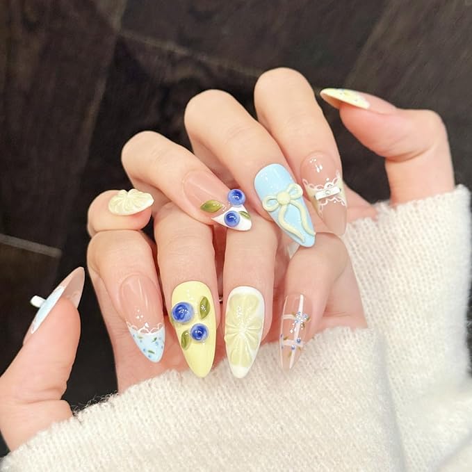 handmade nails press on Salon Quality cute yellow lemon blueberry pearl Reusable almond hand-painted gentle acrylic 3D fake nails designed kit,10 Nails, Size M #3332