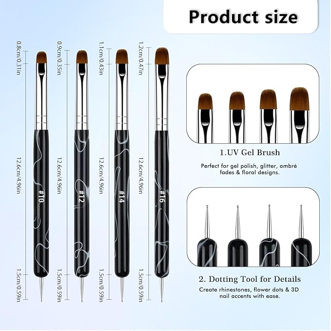 French Manicure Brush Set with Dotting Tools, Double-Ended Nail Art Brushes for Gel & Acrylic, Precision Clean Up & Detail Design, 4 Sizes (#10#12#14#16), NB128-Black