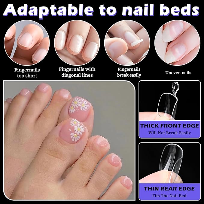240pc Fake Toenails Full Cover Cover Gel Toe Nail Tips Clear Press on Toenail, Short Square Fake Toes Nails Tips Clear Gel Toenails Extrension False Toe Nail Feet Artificial Toenail Tip