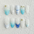 Medium Almond Press on Nails Handmade Nails with Glue,Handmade False Nails Ocean Nail Press ons with Shell Design Muti-Layer Gel Nail French Tip False Nails for Women (Size S)