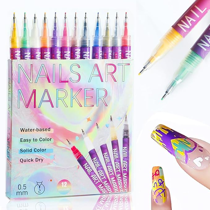 12 Colors Nail Art Pens Set, Nail Art Markers 0.5mm Fine Tip Polish Pens Graffiti Dotting Pen Drawing Painting Liner Brush for DIY Nails Design Decoration Manicure Tools