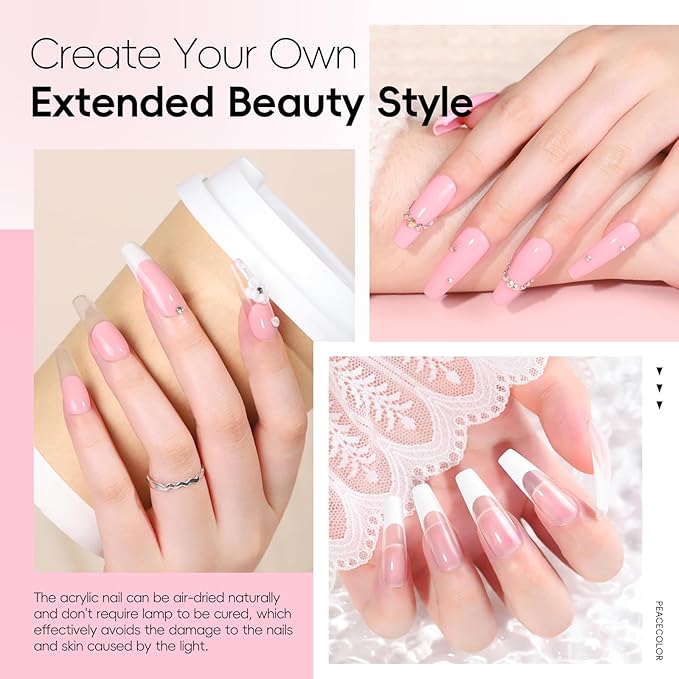 Peacecolor Acrylic Nail Kit ,Clear White Pink 15g Acrylic Powder and 60ml Liquid Set Brush Forms Cuticle Oil Pen Tools Manicure Nails Kit Acrylics Set for Beginners Gifts DIY Salon Home